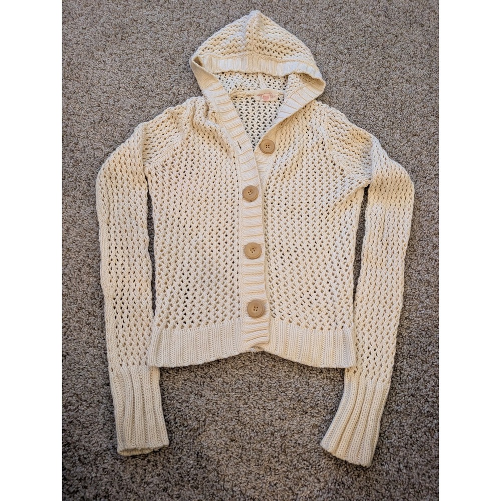 Abercrombie 1892 Cream Open Knit Crochet Hooded Cardigan Button Front Large